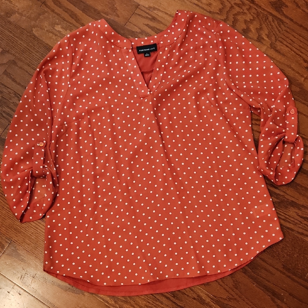 Lafayette 148 Coral Polka Dot V-Neck Roll-Tab Blouse